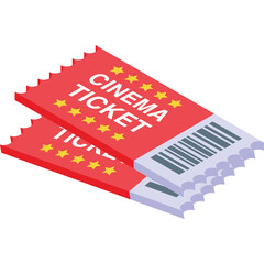 Two Red Cinema Tickets with Gold Stars and Barcodes on a Transparent Background With White Text CINEMA TICKET Visible