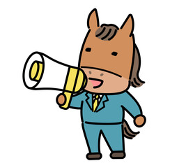 拡声器でお知らせをする馬のキャラクター