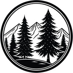 Obraz premium Black silhouette of a pine tree with detailed branches. Perfect for outdoor branding, winter themes, camping graphics, hiking designs, eco logos, minimalist landscapes, and Christmas decorations.
