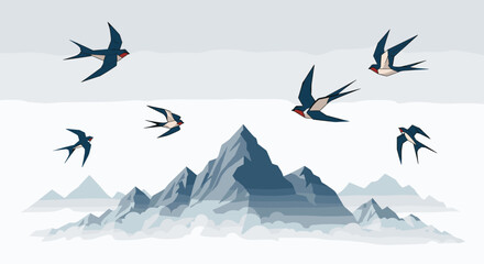 Several Swallows Flying Over Majestic Mountain Peaks.