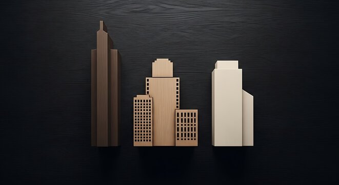 Modern city skyline concept with wooden building models on a sleek dark background, perfect for architecture firms or urban planning initiatives