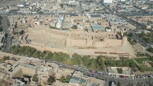 Herat Citadel Aerial drone Ancient Fortress and Great Friday mosque of Herat. Afghanistan