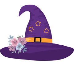 Illustration of a purple witch hat decorated with pastel flowers and golden stars. Perfect for Halloween clipart, invitations, stickers, greeting cards, and magical design projects.