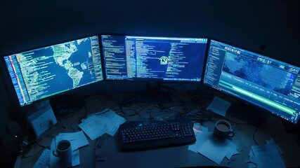 Three monitors display data and code, coffee and papers on a desk - Powered by Adobe