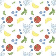 Hand drawn seamless pattern fruits with white stripped background