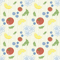 Hand drawn seamless pattern fruits with white stripped background
