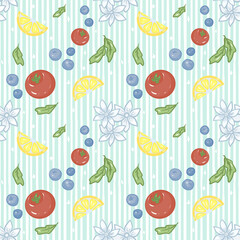 Hand drawn seamless pattern fruits with white stripped background