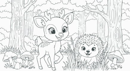Cute baby deer and hedgehog playing in the forest outline illustration for coloring book page