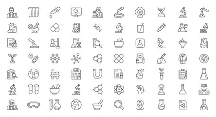 Science and Laboratory Icons: Chemistry, Research, Biotechnology, Experiment, and Microbiology Line Vector Set