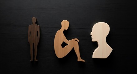 Wooden figures depicting mental health states, from standing to depressed to seeking help, conveying therapy, self-care, and emotional wellness journey