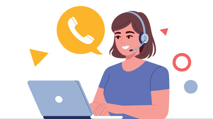 A friendly customer service representative wearing a headset answers a call on her laptop.