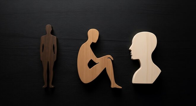 Wooden figures depicting mental health states, from standing to depressed to seeking help, conveying therapy, self-care, and emotional wellness journey
