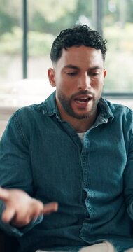 Frustrated couple, sofa and fight with argument in home for divorce, break up or cheating affair. Upset, man and woman shouting with conflict or dispute for toxic relationship or separation in house
