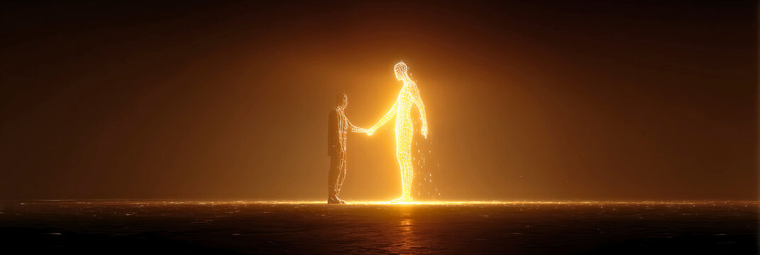 A man shaking hands with an enlightened person created by technology