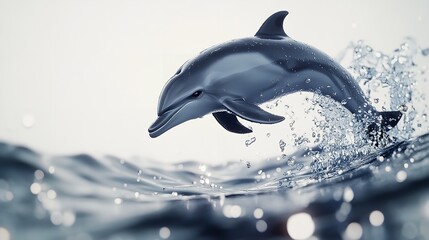 A dolphin leaps from the water with splashes against a bright background in a marine scene view