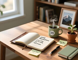 New Year's resolutions 2026 list with notebook. Goals, resolutions, plans, actions, checklist concept