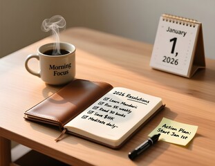 New Year's resolutions 2026 list with notebook. Goals, resolutions, plans, actions, checklist concept