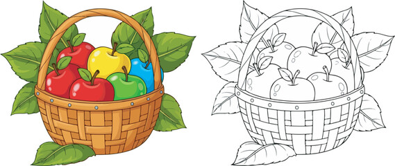 Woven basket filled with colorful apples illustration and line art coloring page clip art.