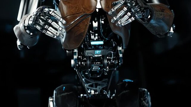 Metallic robot torso with hands reaching, detailed circuit patterns