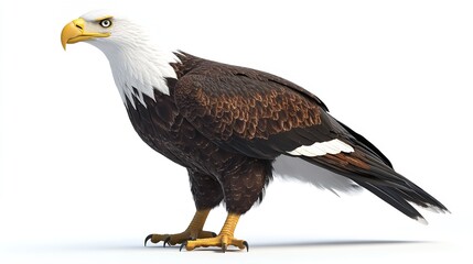 A detailed digital illustration of a bald eagle standing against a plain white background in a studio