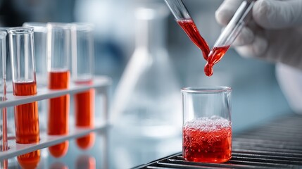 Scientist carefully adds red liquid from pipette to bubbling beaker in modern laboratory setting