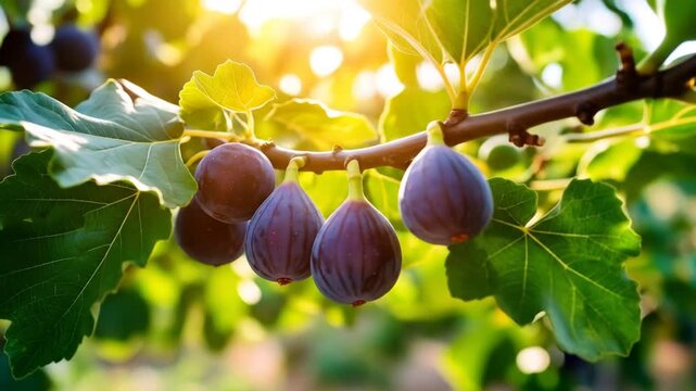 Ripe figs on a tree branch in sunlight.