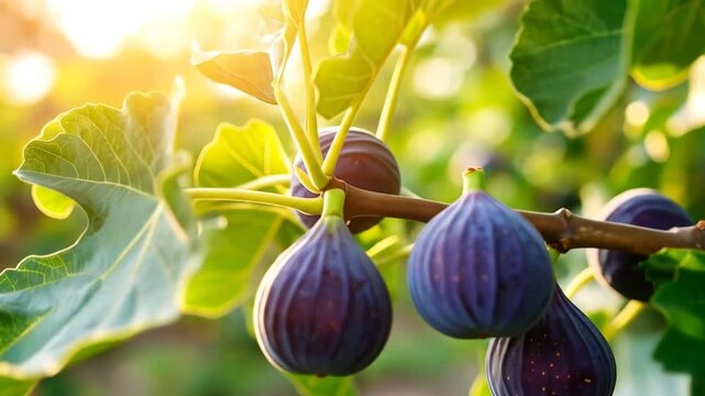 Ripe figs on branch with sunlight garden.