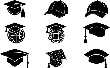 Graduation Cap Vector Icons in Black Silhouette featuring Global and Patriotic Designs.