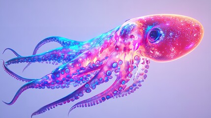 A vibrant octopus with iridescent colors floating in a soft gradient background in a studio shot