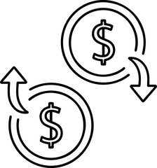 Vector illustration of two coins with dollar signs and arrows indicating money transfer flow