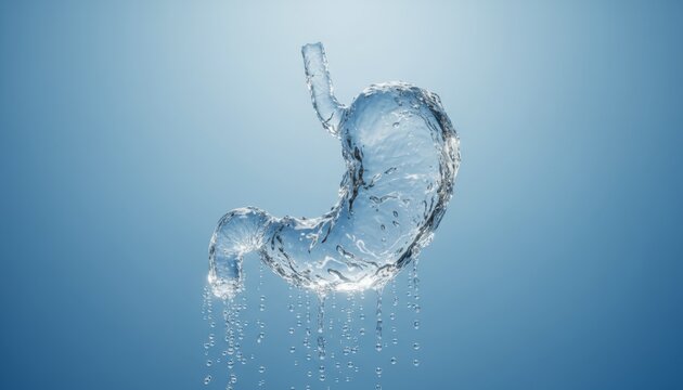 Hyperrealistic translucent water sculpture of a human stomach suspended mid-air, showing folds and contours with flowing rivulets and droplets on a blue gradient backdrop.