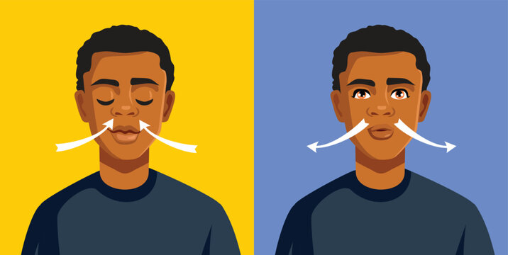 Man of African Ethnicity Inhales and Exhales Vector Illustration. Person taking deep breaths oxygenating and feeling good
