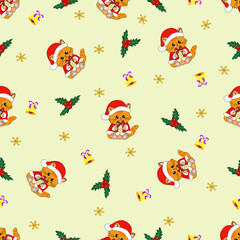 Christmas seamless pattern with cute cat wearing Christmas hats, snowflakes,Holly leaves,bell on bright yellow background. Perfect for fabric, wall and gift wrapping, party decoration