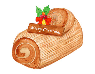 手描き水彩の美味しそうなブッシュドノエルのイラスト