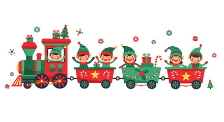 Delightful Christmas adventure with cheerful elves riding a vibrant holiday train delivering gifts and candy canes for a joyous celebration