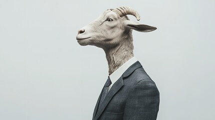 A goat with a suit and tie standing in front of a white background looking to the left side view