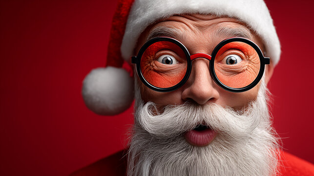 Close-up portrait of a funny Santa Claus in red glasses and a hat on a red background