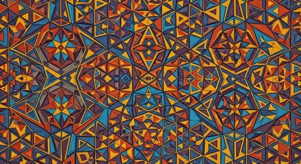 A colorful, abstract geometric pattern with a mix of orange, blue, and yellow triangles and squares, set against a dark background.
