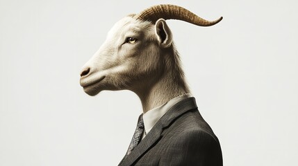 A goat with a suit and tie standing against a white background in a studio setting looking right