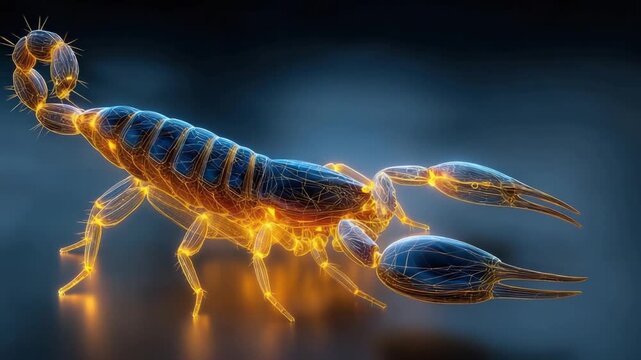 A glowing scorpion with an inner glowing outline, presented in a blue-black background