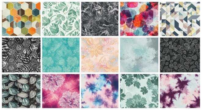 A collection of 16 abstract patterns with a variety of shapes, colors, and textures.