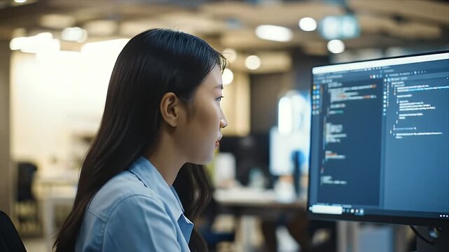 Professional young Asian woman software developer programming code on a computer screen in a bright modern office showcasing her dedication to technology work