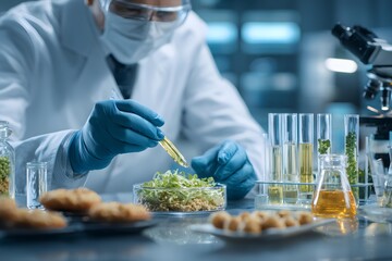 Food scientist in lab developing plant-based protein, test tubes and food samples, futuristic food tech,