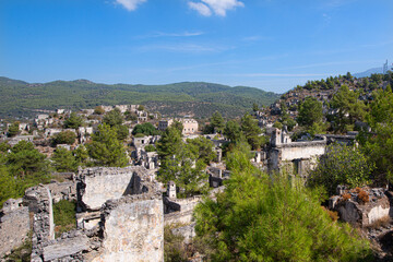 Fethiye Kayaköy stone houses and ruins. Mugla, Turkey. Kayakoy ghost village. Turkey's abandoned...