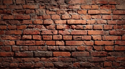 Obraz premium Weathered Red Brick Wall Texture Background with Dark Mortar Joints and Rough Surface Structure for Construction and Architecture in Harsh Lighting