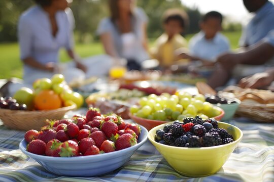 Family brunch outdoors on picnic blanket, colourful bowls of fruit, casual gathering,