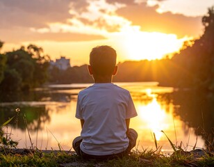 A young boy sits meditating and watching the sunset at the lakeside