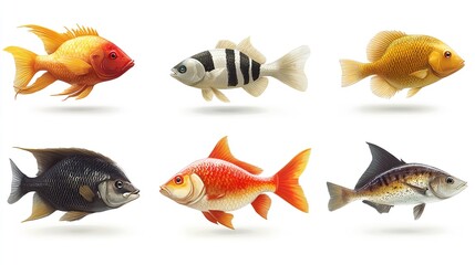 A collection of six different types of fish isolated on a white background for illustration use