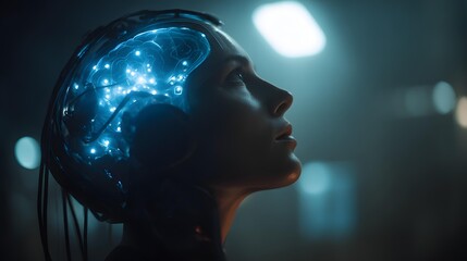 Conceptual image of brain-computer interface: subtle glow around head, futuristic ambience,