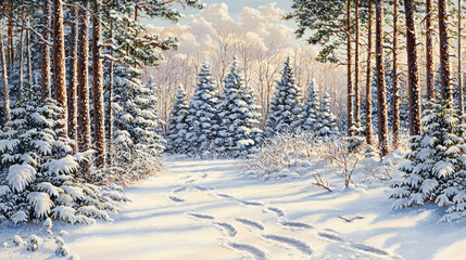 Fototapeta premium A snow-covered path winds through a forest of pine trees, footprints visible